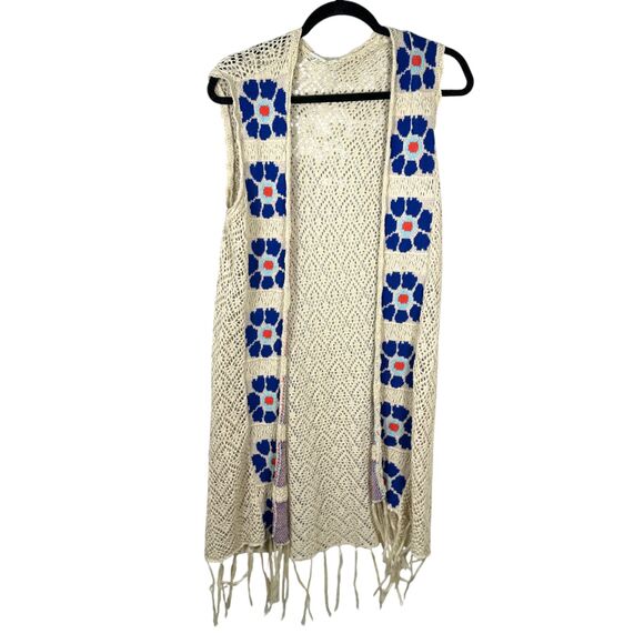 Cream Blue Floral Boho Bohemian Crochet Fringe Sleeveless Topper One Size - Picture 1 of 3
